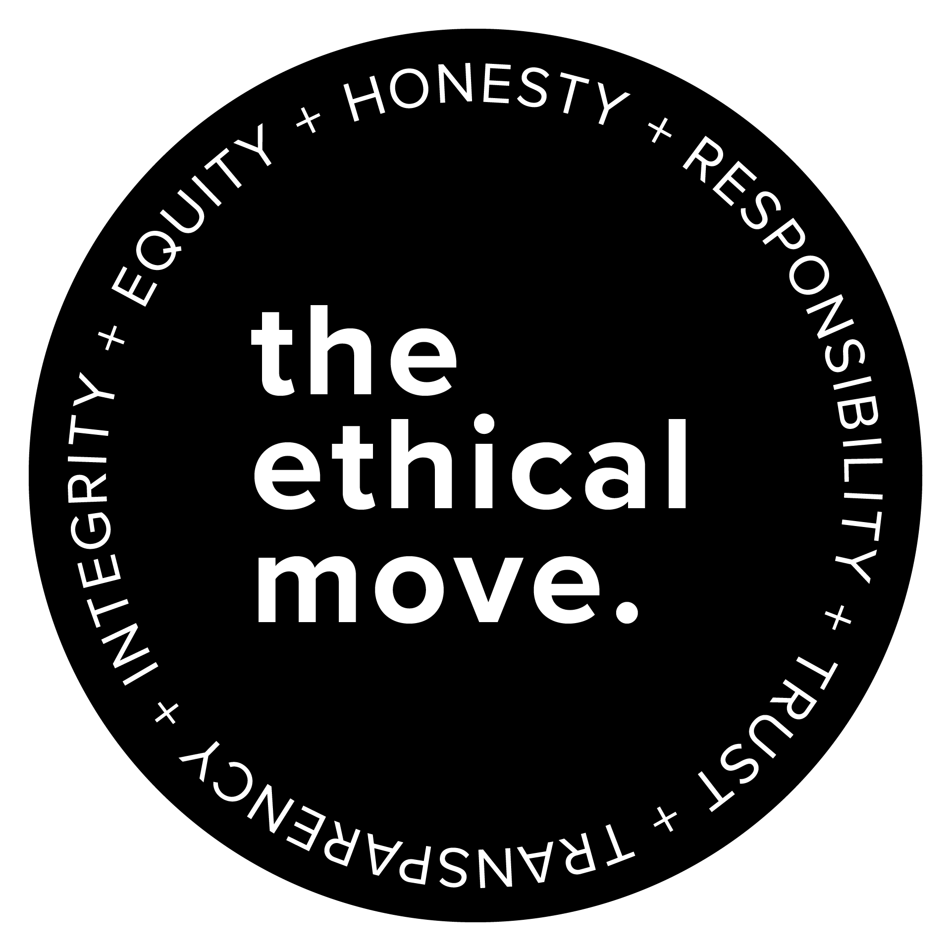 The logo for the Ethical Move which says, "Honesty + Responsibility + Trust + Transparency + Integrity + Equity"