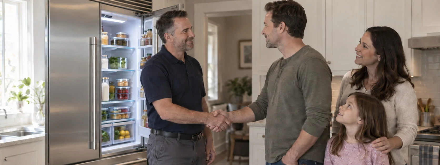 Homeowners thanking a Sub-Zero Help technician after a repair