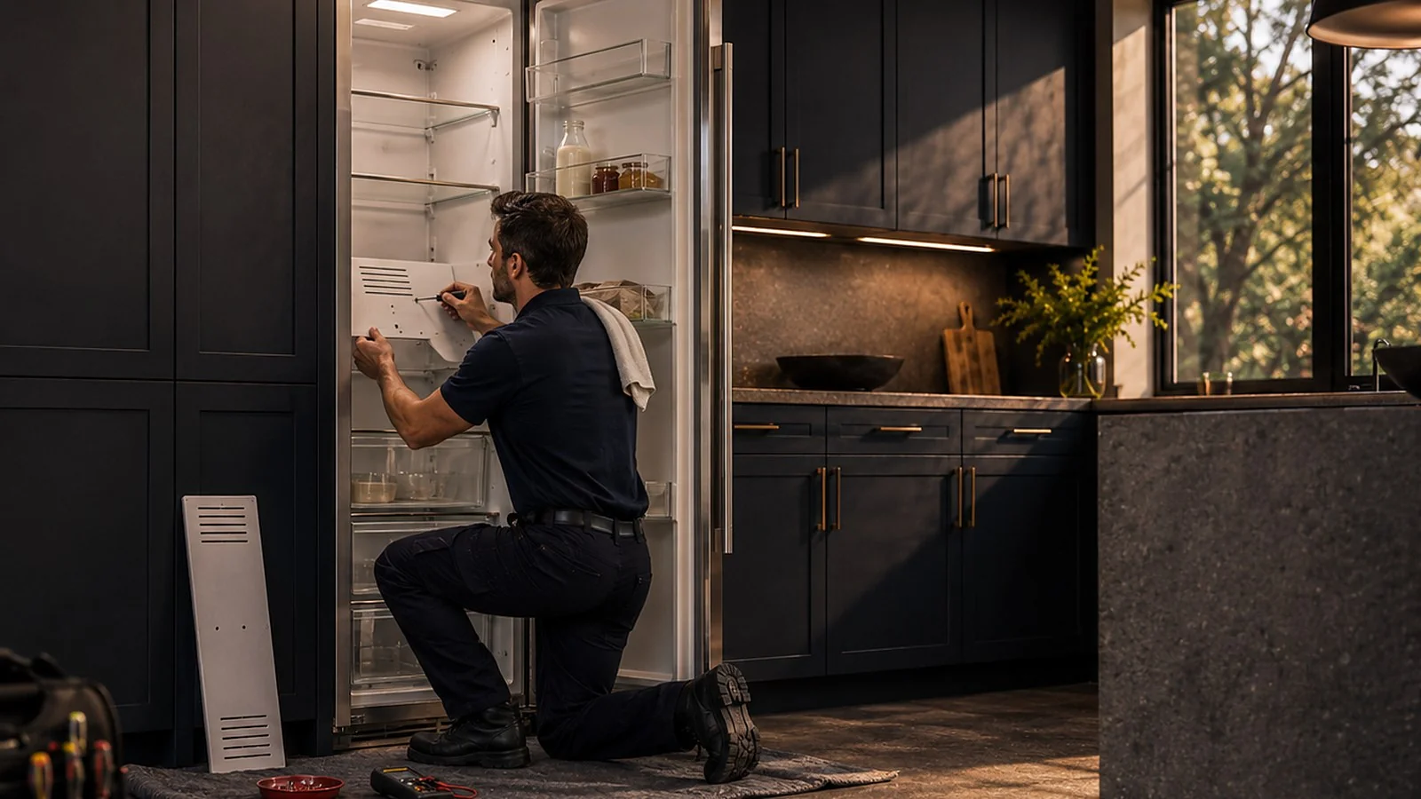 Sub-Zero Help technician servicing an open Sub-Zero column refrigerator in a Chicago kitchen