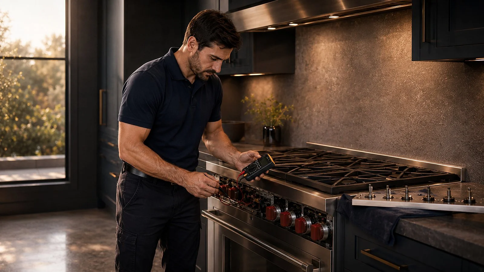Sub-Zero Help technician testing the control panel of a Wolf range in a Chicago kitchen