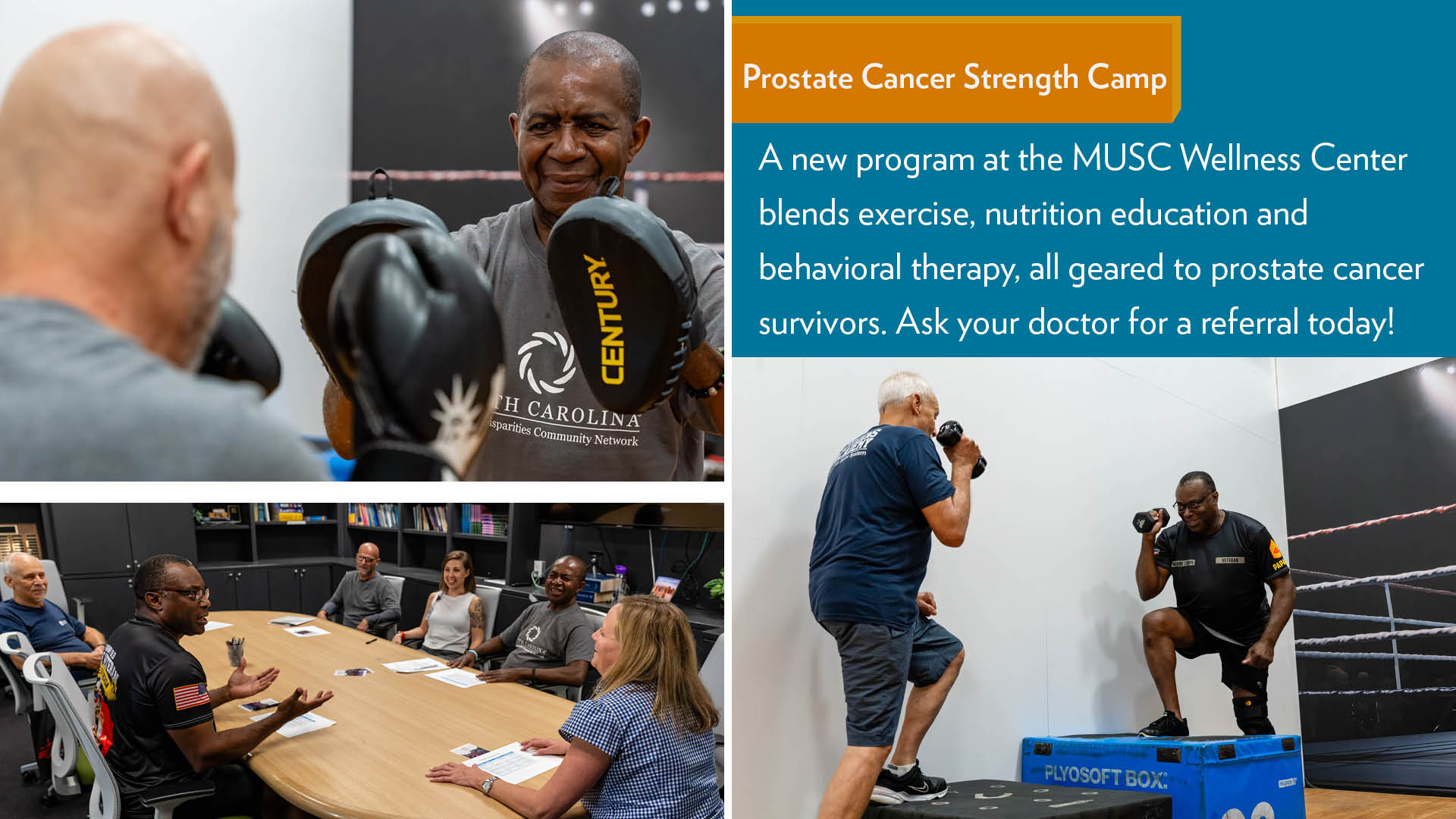 Prostate Cancer Strength Camp board showing Lee Moultrie participating in exercise, strength training, and a group education session at the MUSC Wellness Center