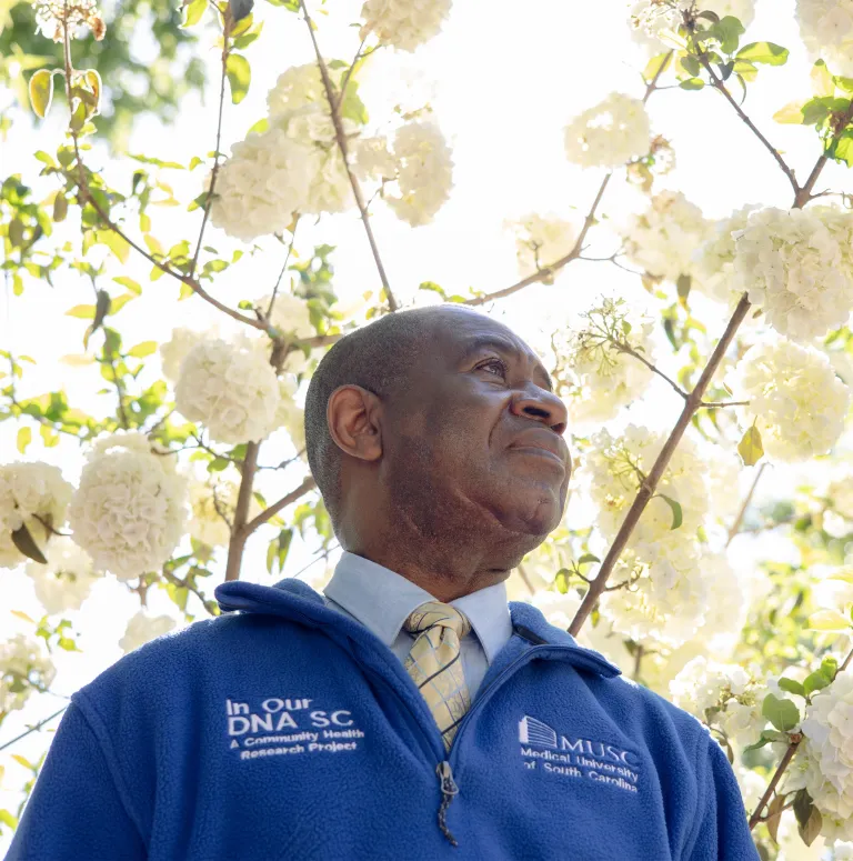 Lee Moultrie wearing his In Our DNA SC and MUSC community health research pullover