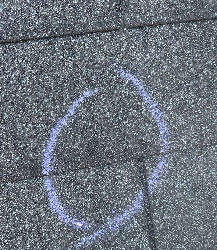 Chalk circle around a hail hit on an asphalt shingle roof on Portland Avenue in St. Paul Park, MN, September 2025