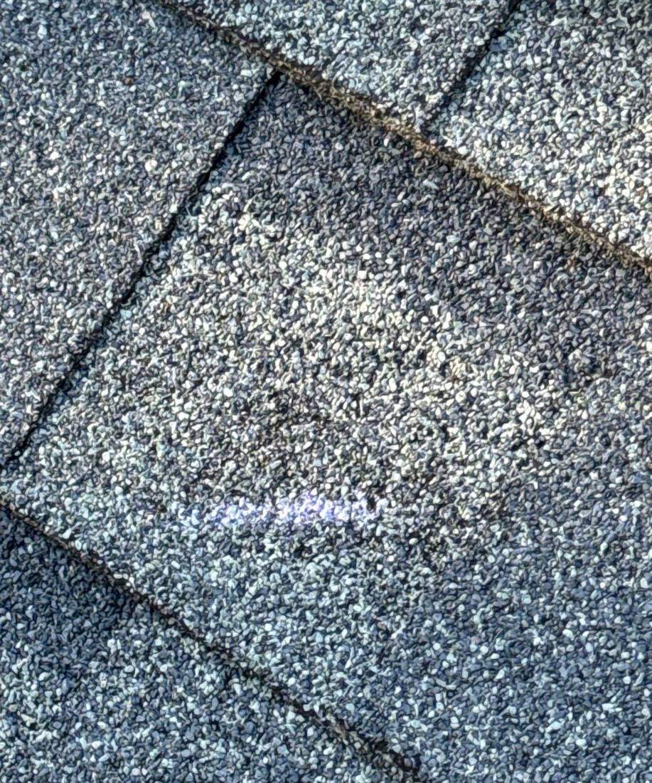 Chalk-marked hail hit on a shingle at a Dassel-area rental property, October 2023