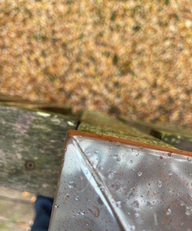 Hail dings on a metal deck post cap at a Wyoming home, October 2021