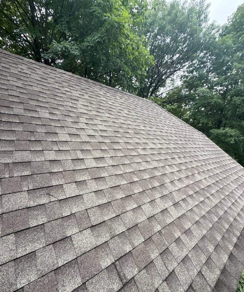 Wide view down a Waconia shingle roof slope toward the tree line, June 2025