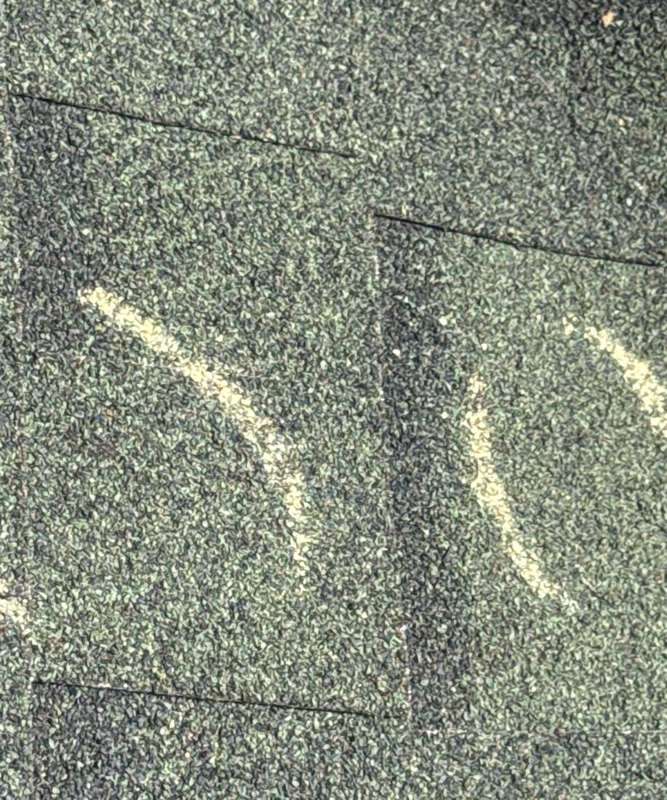 Hail hits circled in chalk on green asphalt shingles at a south Cottage Grove home, October 2025