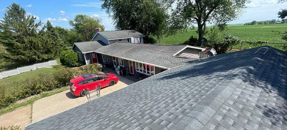 Aerial view of the roof at a Market Avenue business property in Belle Plaine, MN, photographed during a Repair King inspection, August 2023