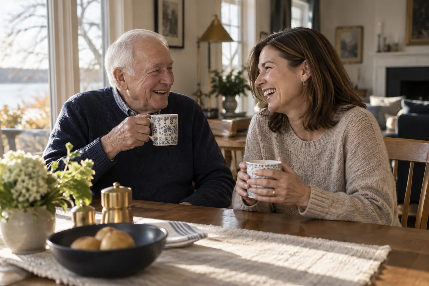 An older father and his adult daughter laughing over coffee at home