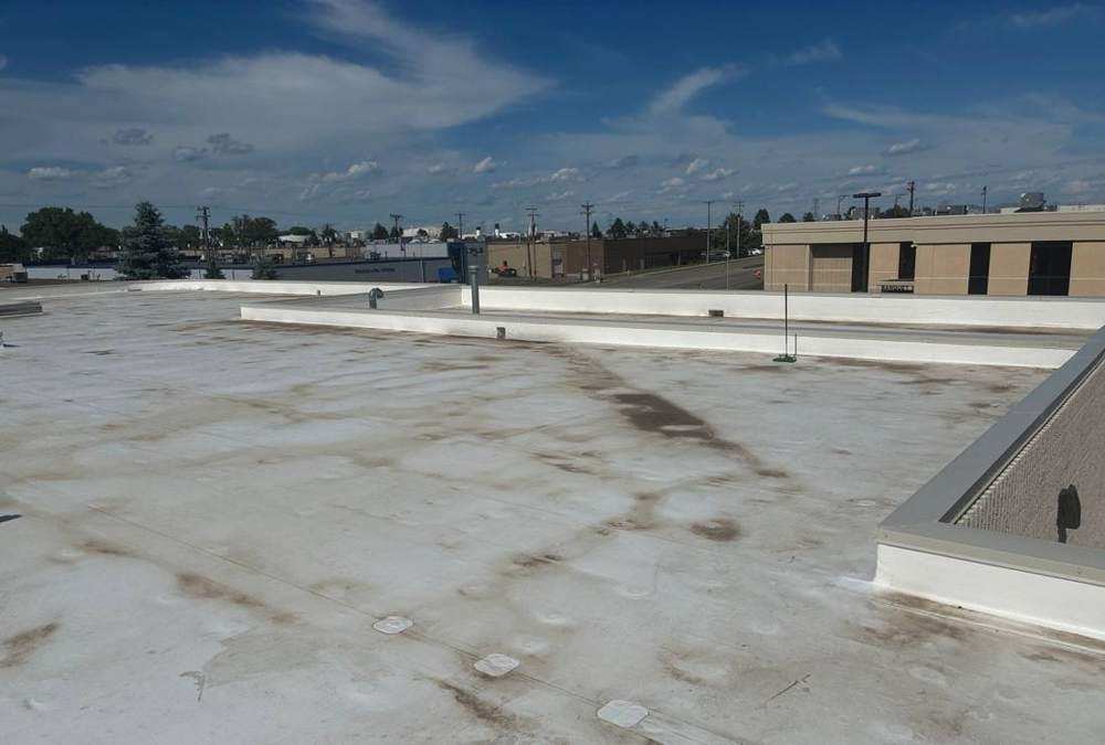 Wide flat roof at the industrial building on Anthony Lane South in St. Anthony, during a 2026 inspection