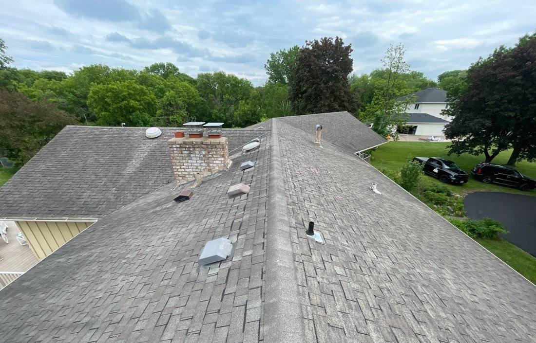 Aerial view down a Mendota Heights ridge line toward the neighborhood, June 2022