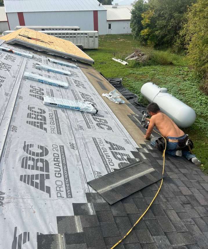 New shingles going on over synthetic underlayment at a Cokato-area farm, September 2023