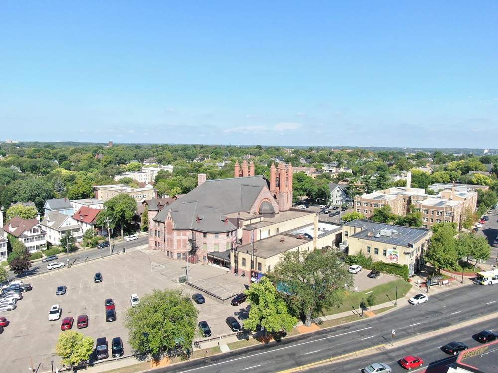Aerial drone photo of the Minneapolis Scottish Rite Temple at Dupont and Franklin Avenues