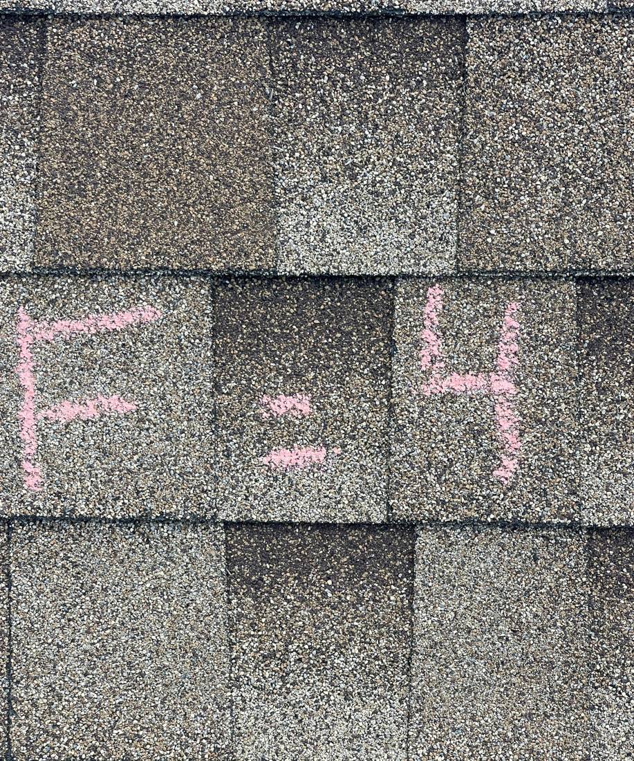 Chalk-marked hail hit on a Lakeville shingle roof, July 2023