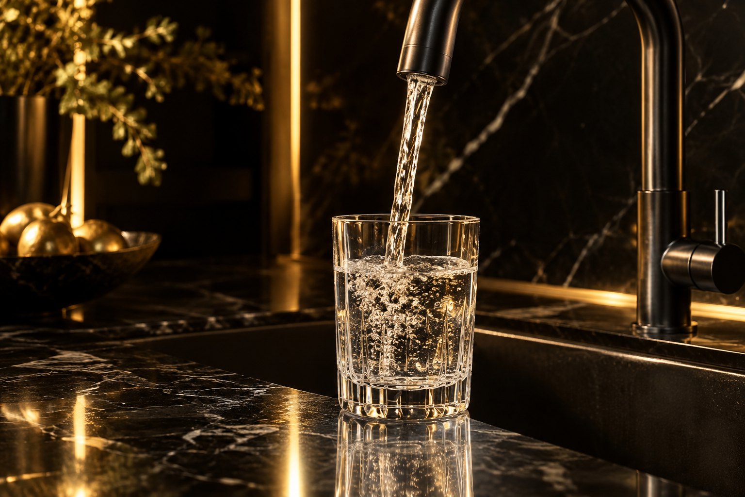Clear glass of water poured from a black kitchen faucet