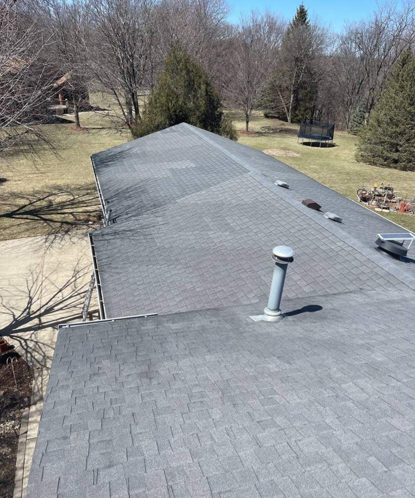 Roof vent pipe and ridge line at a Mankato-area home inspection, April 2022