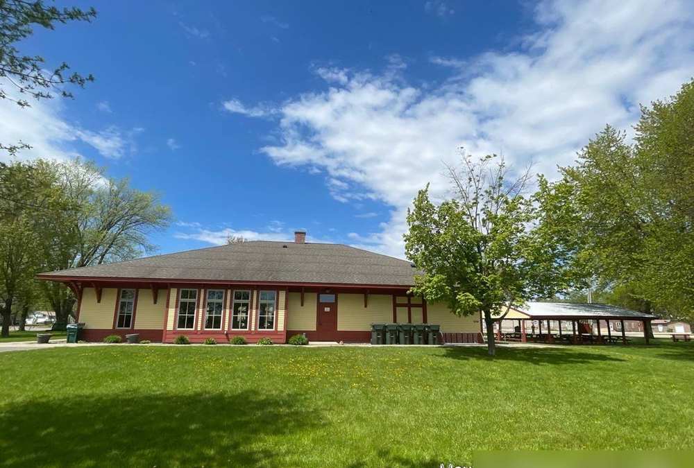 Bowlus Community Center building, built to resemble the town's original 1907 railroad depot, photographed during a Repair King roof inspection