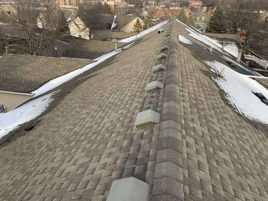 A Penn Place roof ridge with ridge vents, photographed from the roof