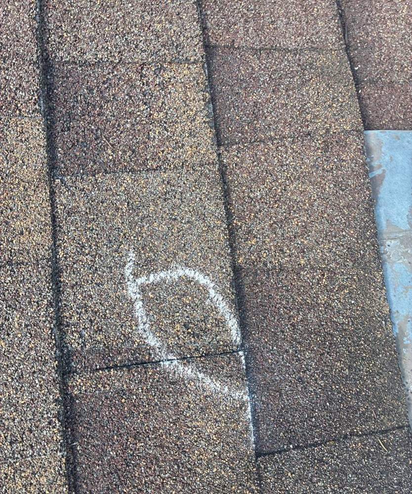 Chalk-marked hail hit on an asphalt shingle roof in Fridley, June 2026