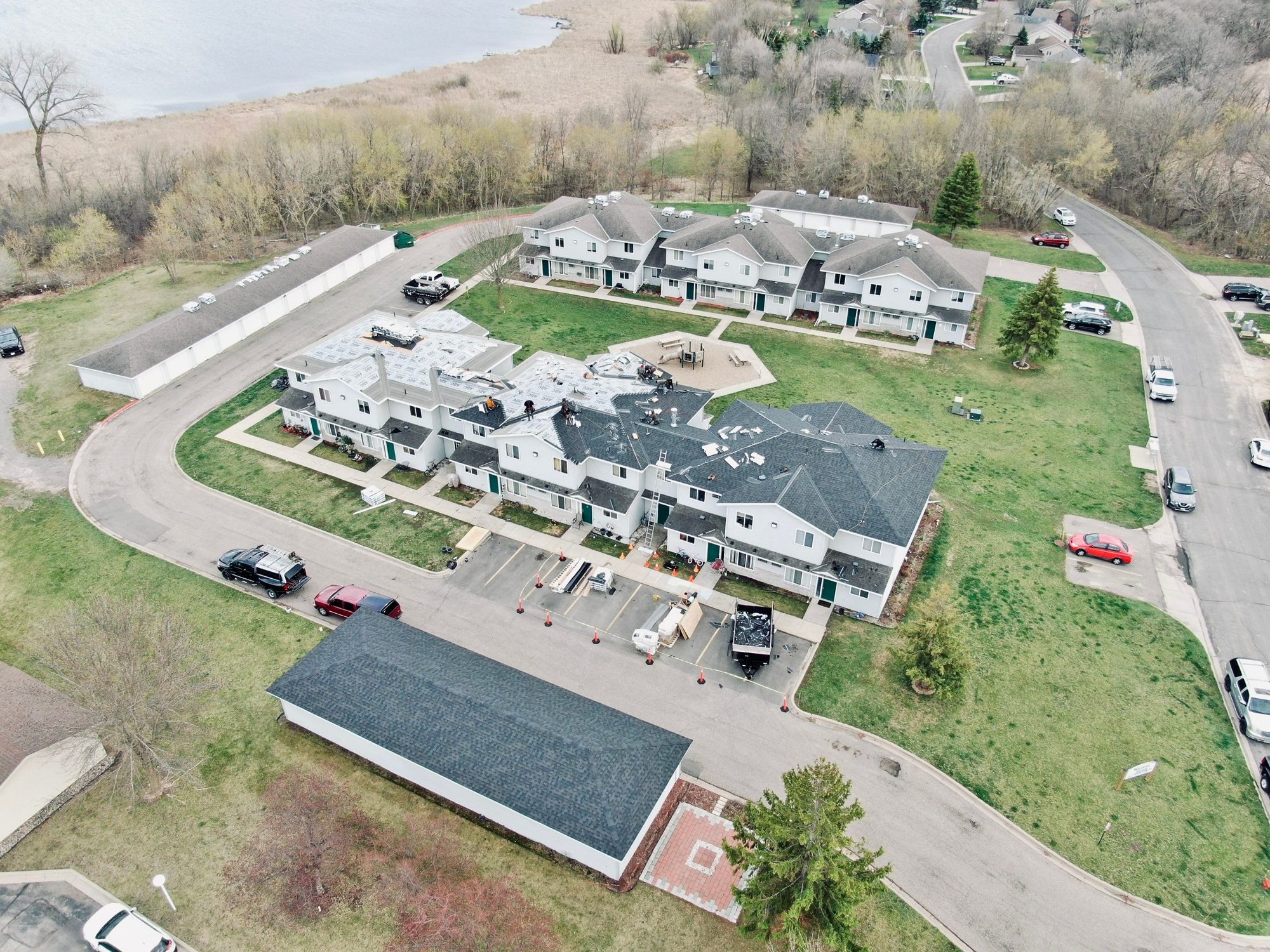 Townhome association roof replacement, aerial drone photo