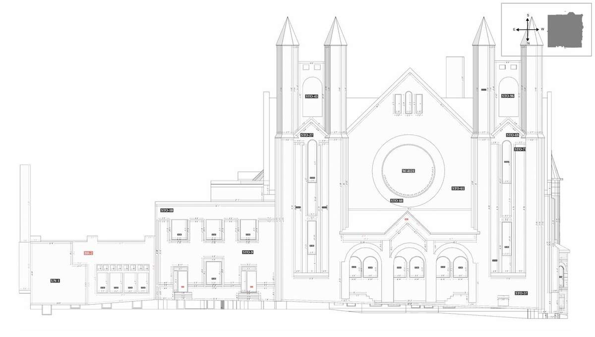 Measured front elevation drawing of the Scottish Rite Temple
