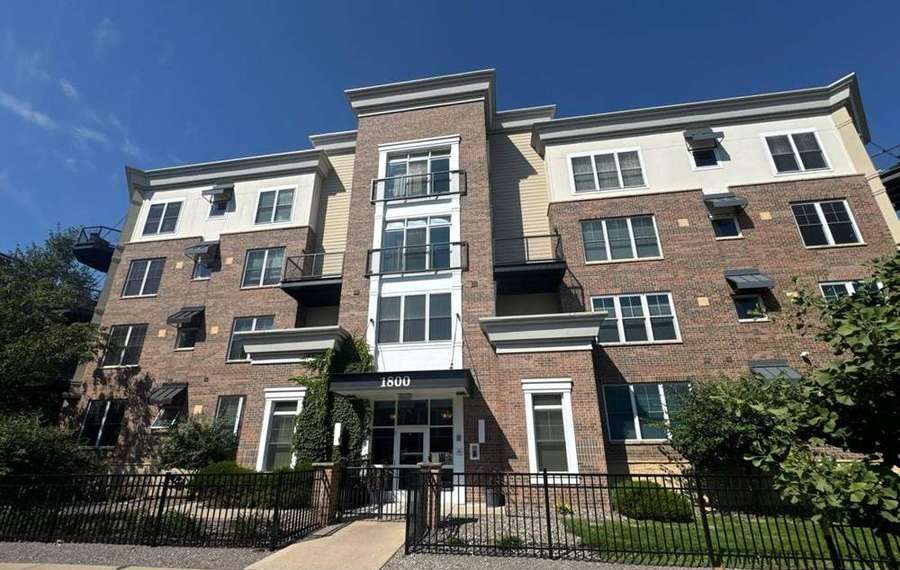 Brick apartment building entrance at 1800 in the Stevens Square neighborhood of Minneapolis
