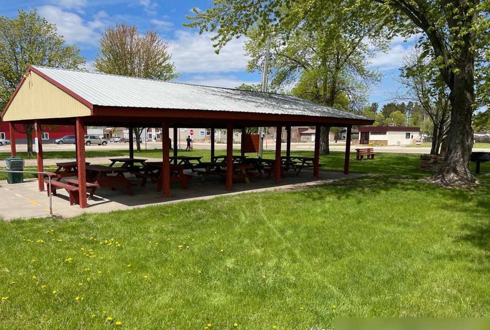 Park pavilion next to the Bowlus Community Center, photographed during a roof inspection, May 2022