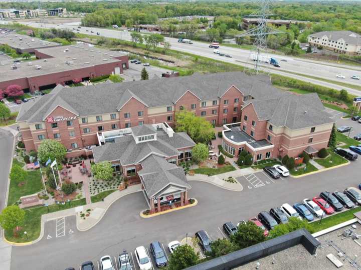 Drone view of the Hilton Garden Inn and its shingle roof in Maple Grove, MN, next to Plymouth, during a Repair King inspection in May 2019