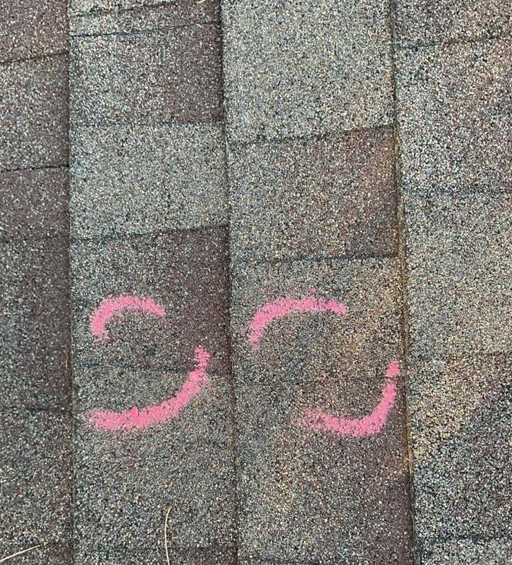 Chalk-circled hail hits on shingles of an east St. Louis Park home, November 2023