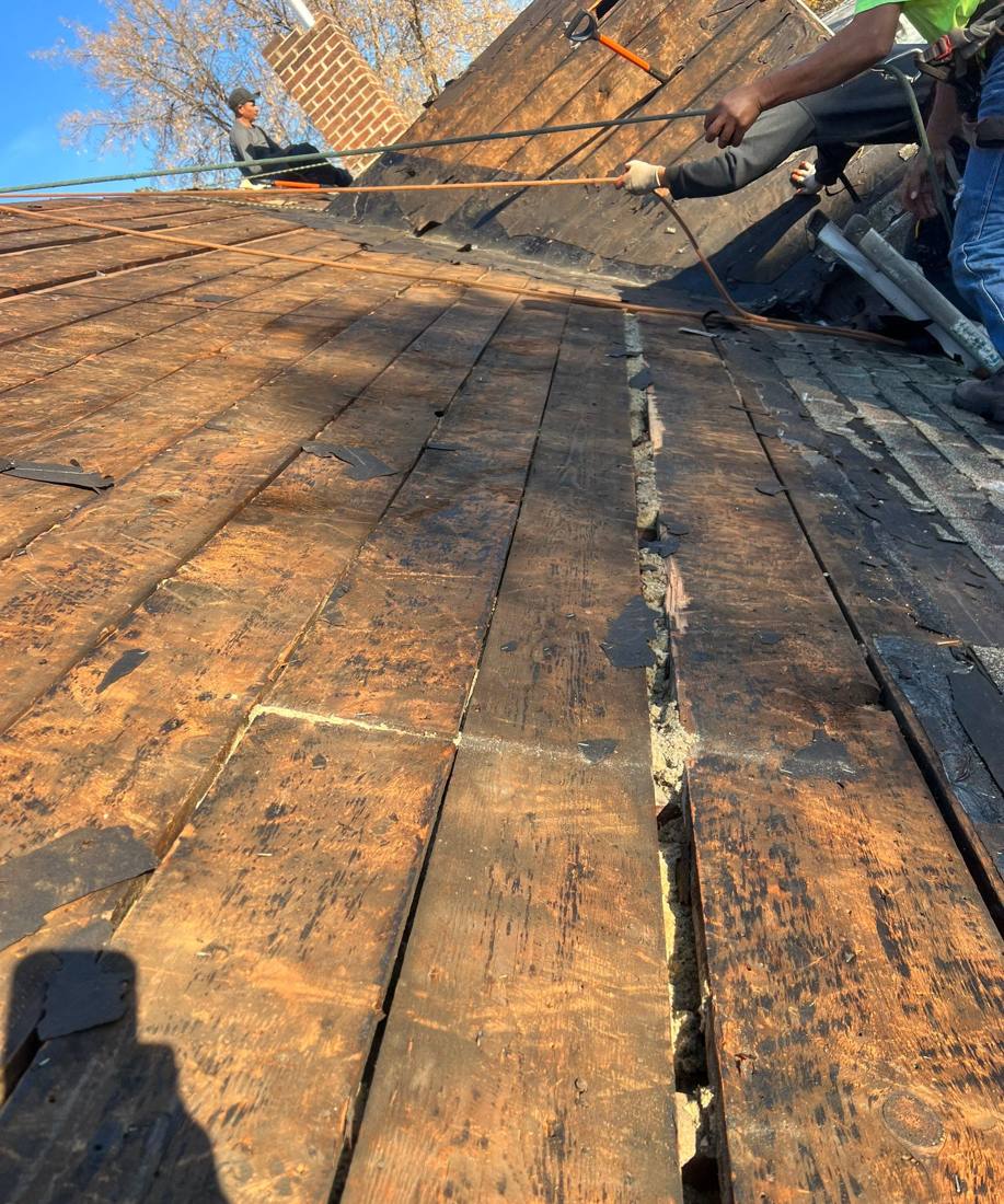 Roof deck exposed during tear-off on a Cottage Grove home, October 2022