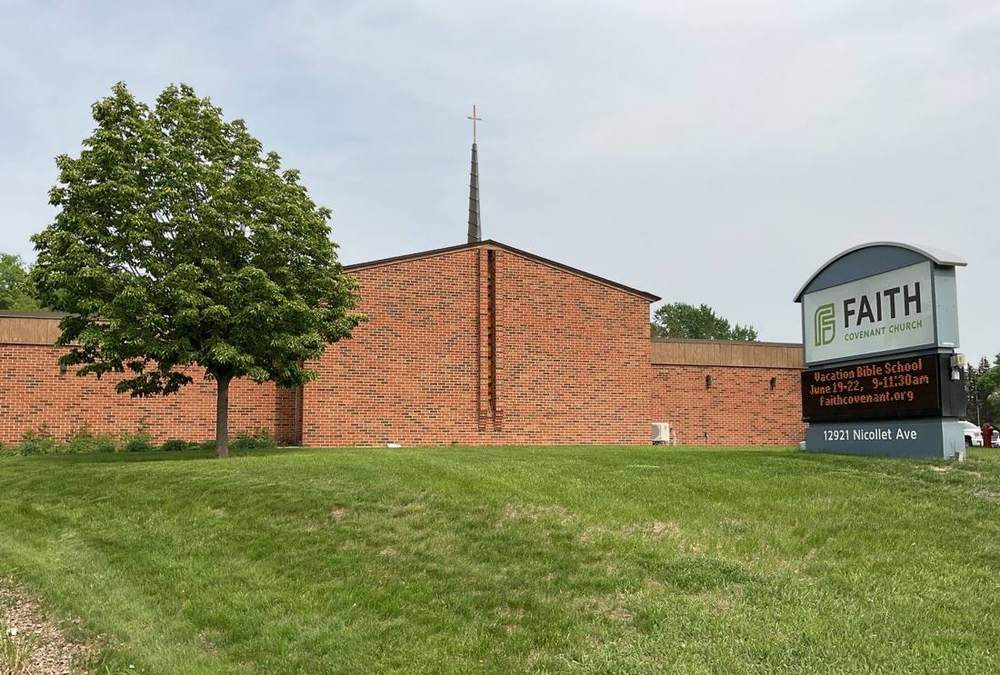 Faith Covenant Church building and sign on Nicollet Avenue in Burnsville, inspected by Repair King in May 2023