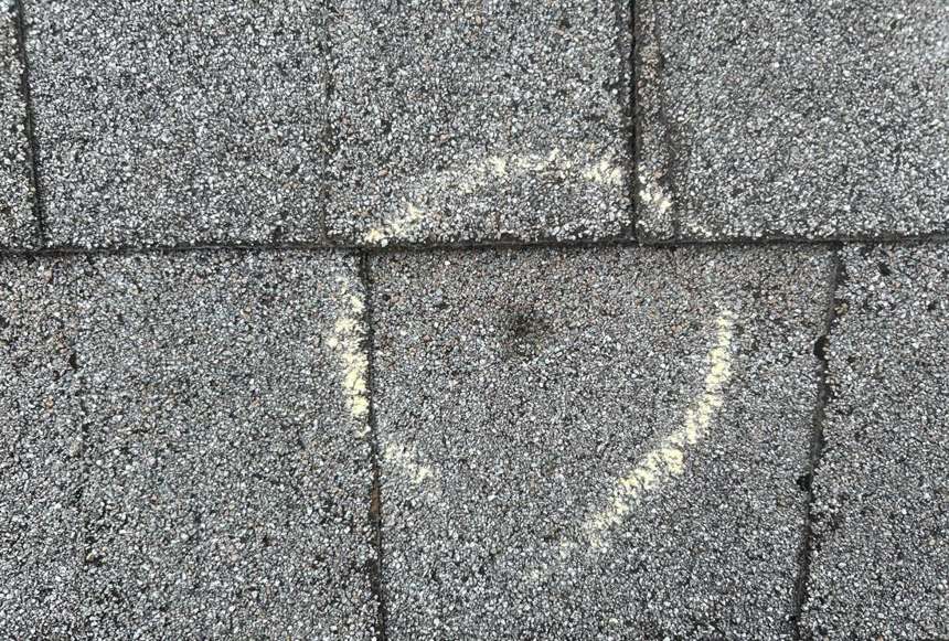 Chalk-marked hail hit on an Apple Valley shingle roof, August 2025