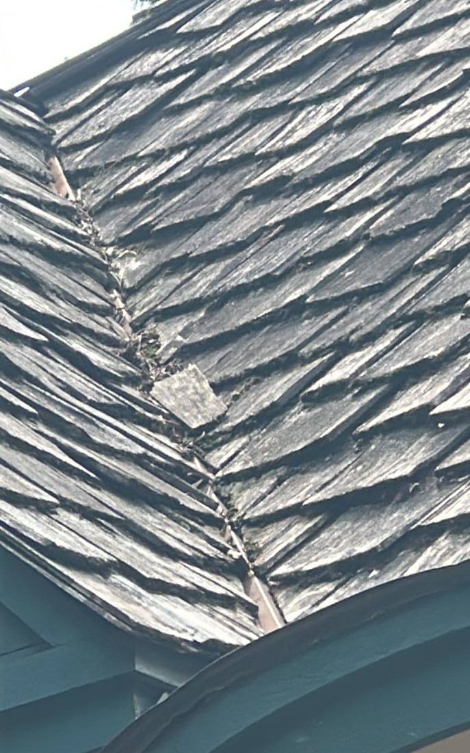 Hip and ridge detail on a cedar shake roof in Hopkins, showing the diamond shake pattern, August 2023