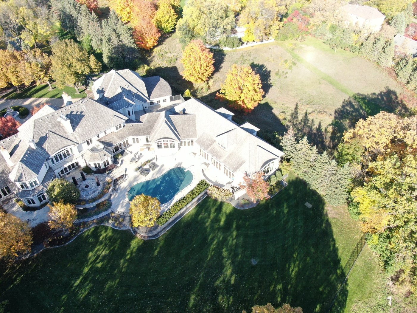 Drone view of a Lake Minnetonka estate roof we inspected, October 2023