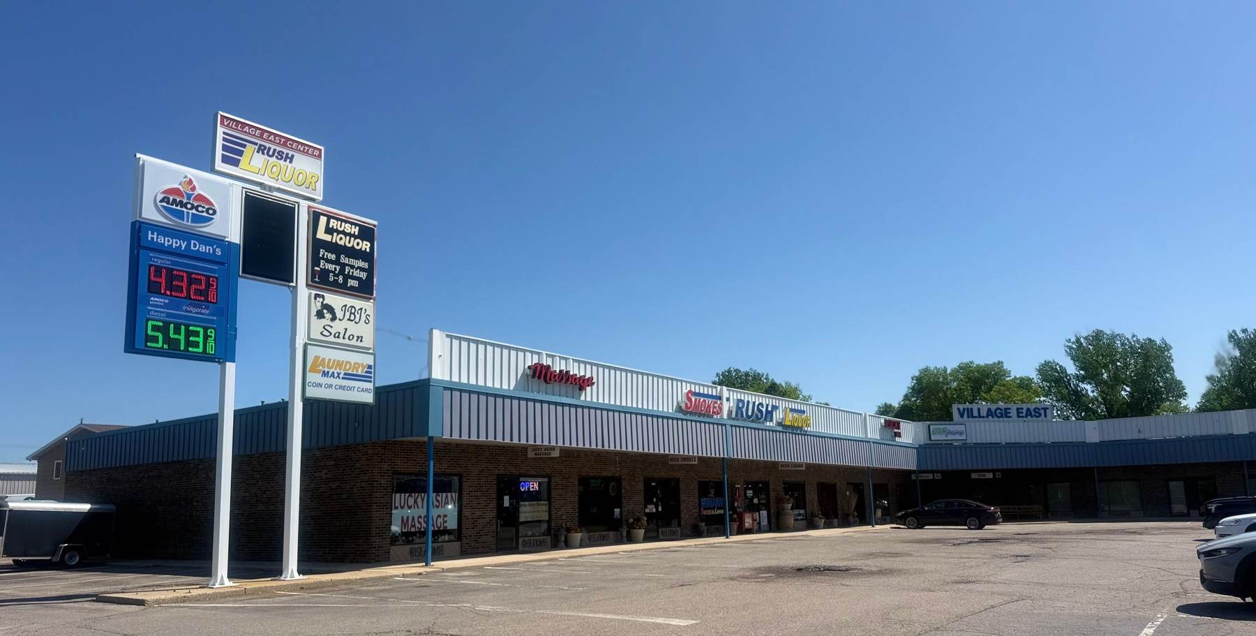 Village East Center retail strip on Hoffman Road in Mankato, MN, photographed by Repair King during a 2026 commercial roof inspection
