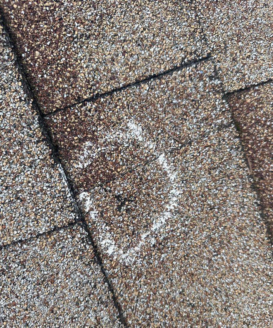 Chalk-marked hail hit on a Maplewood shingle, July 2025