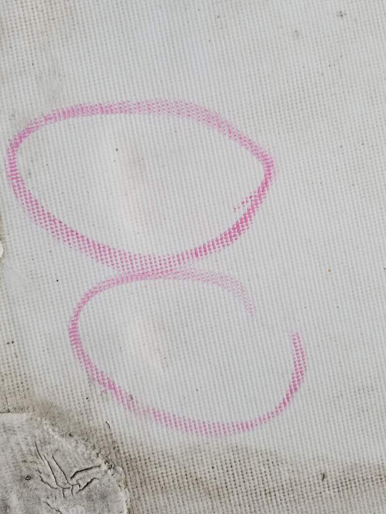 Two hail marks circled in pink on the white roof membrane at the Good Earth building in Roseville