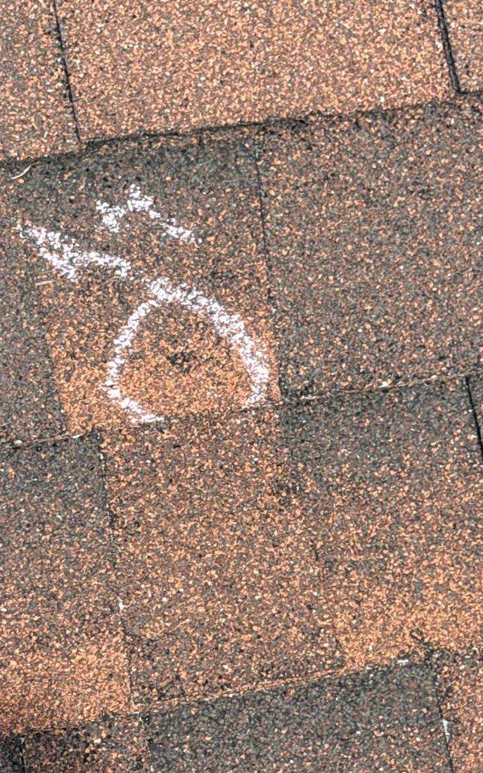 Chalk-marked hail hit on a Faribault shingle roof, April 2026