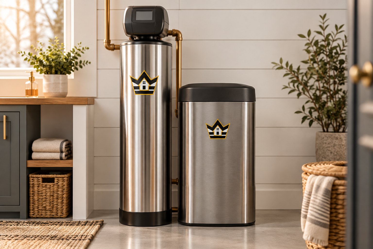 Repair King whole-home water softener and brine tank in a clean utility room