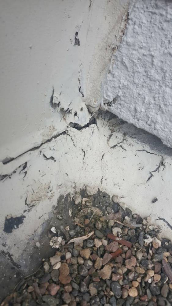 Cracked, peeling flashing where the old roof met a wall corner at the Forest Lake dealership
