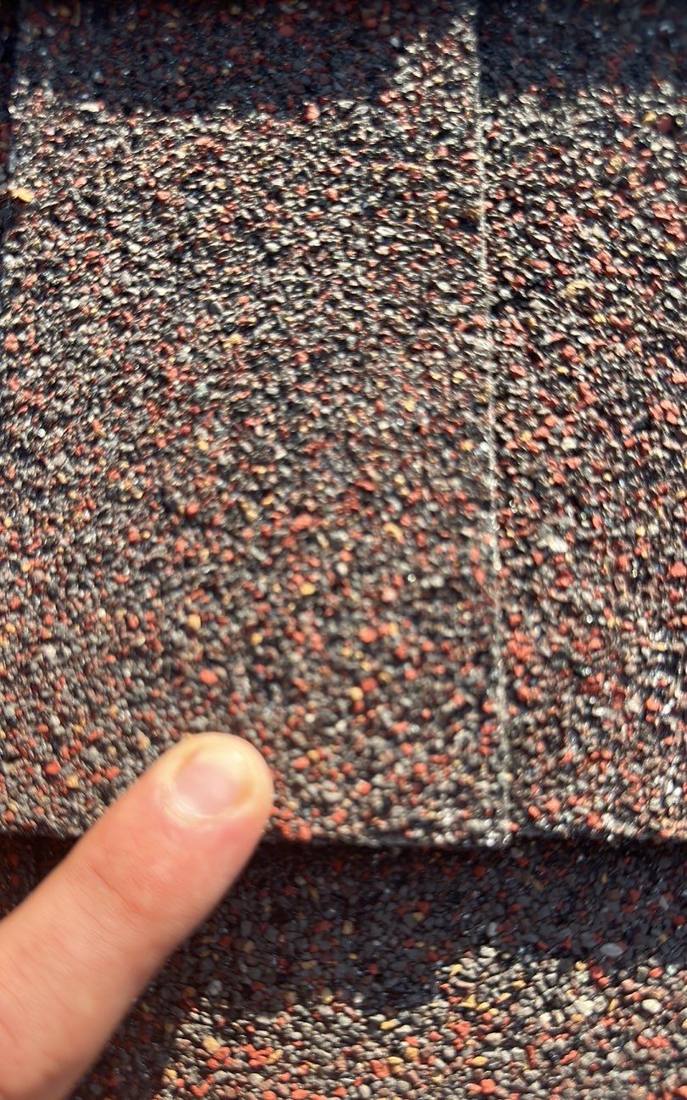 Close inspection of shingle granule wear on a Clearwater-area roof, July 2024