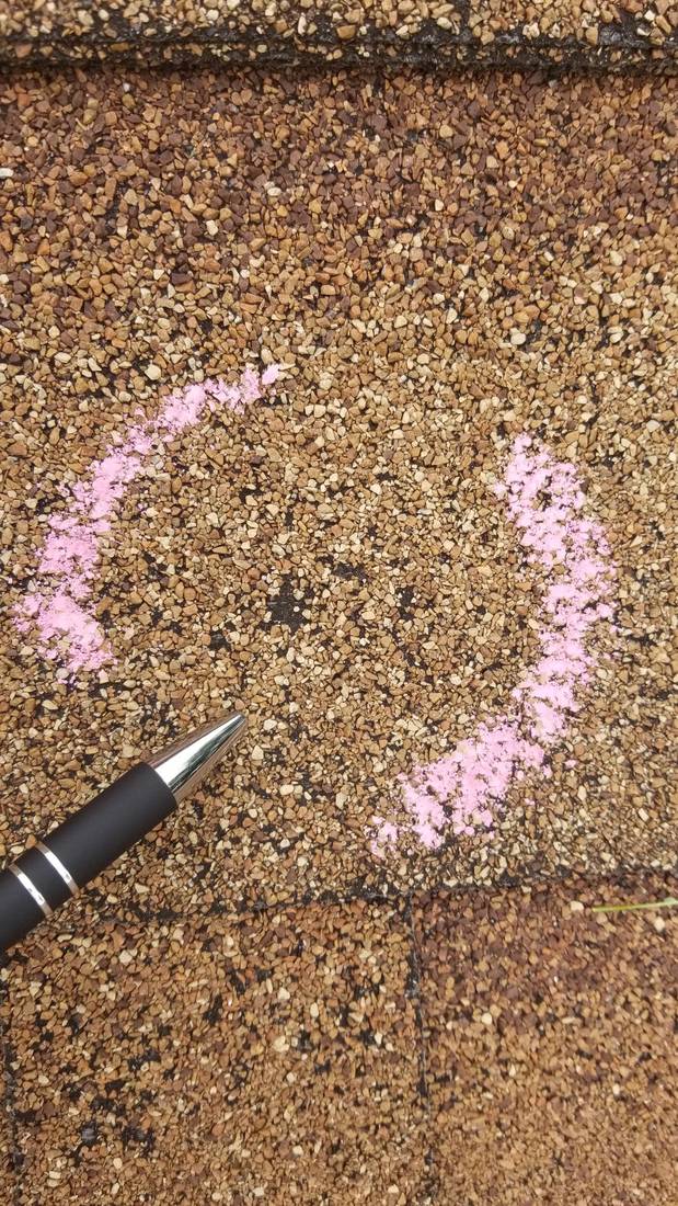 Chalk-circled hail hit on a Blue Earth shingle roof, July 25, 2018