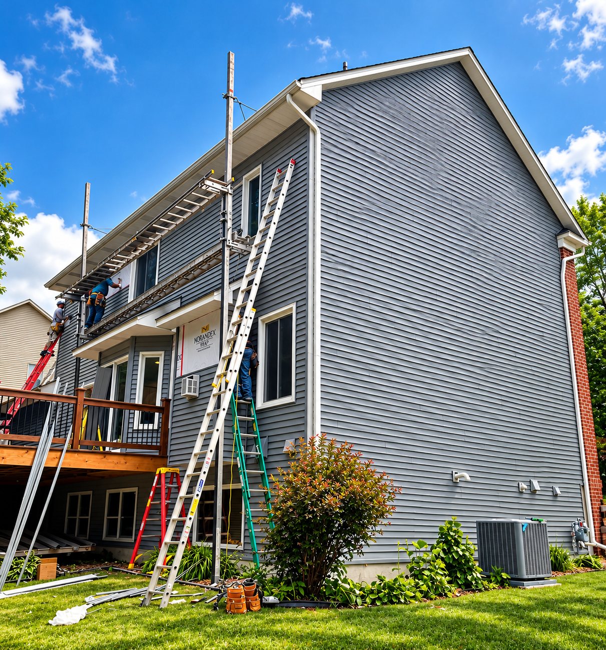 Repair King crew installing new gray siding with ladders and staging on a two-story home
