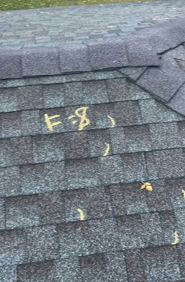 Hail test square marked in chalk on a shingle roof near Litchfield, MN, September 2023