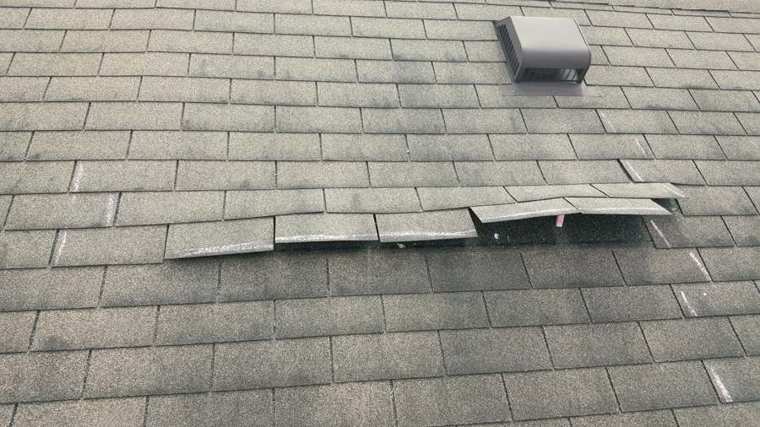 A course of lifted, creased shingle tabs on a Maple Park Shores townhome roof