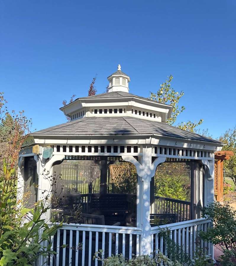 Courtyard gazebo and gardens at Oak Meadows Senior Living in Oakdale, MN, September 2025