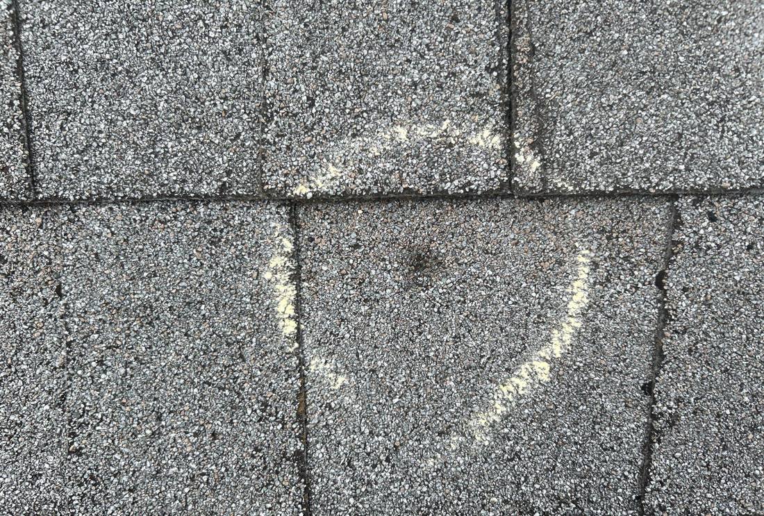 Chalk-marked hail hit on an Apple Valley shingle roof, August 2025