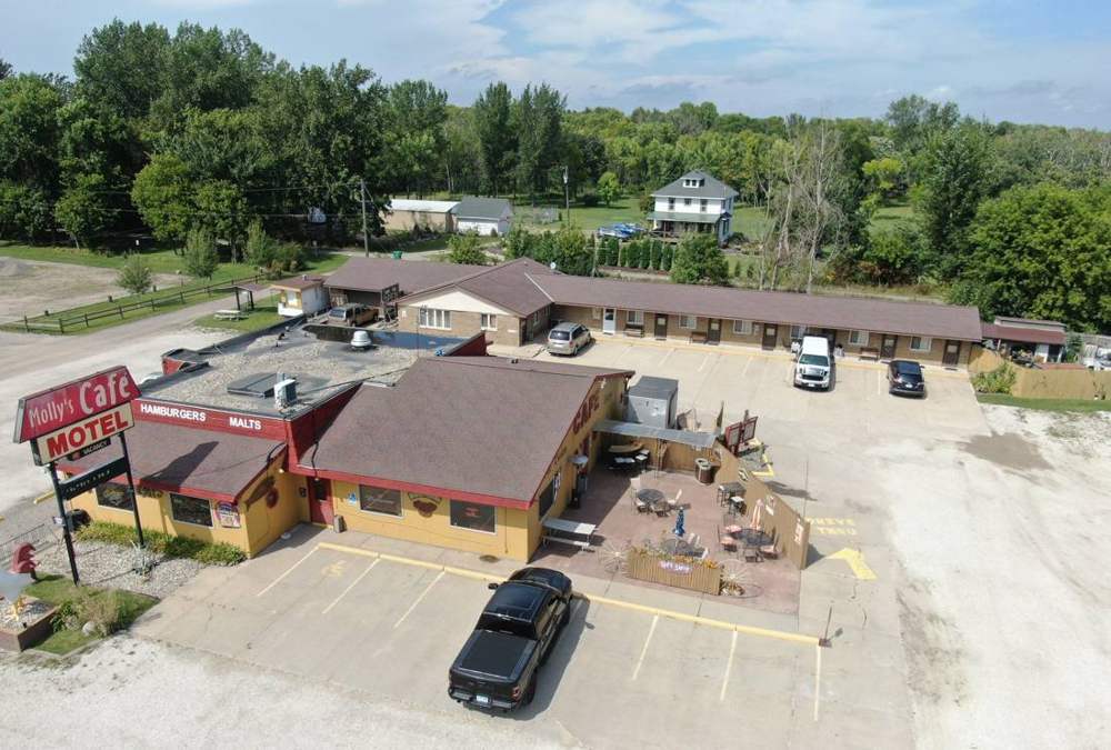 Aerial view of Molly's Cafe and Motel on Highway 7 in Silver Lake, MN, a Repair King commercial roofing job