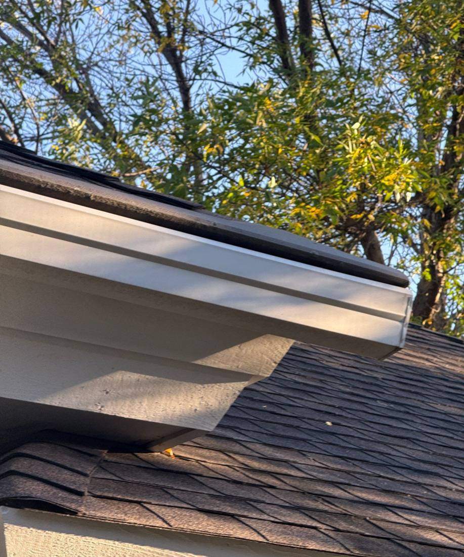 Fascia and gutter detail on a Burnsville home during a roof inspection, October 2025