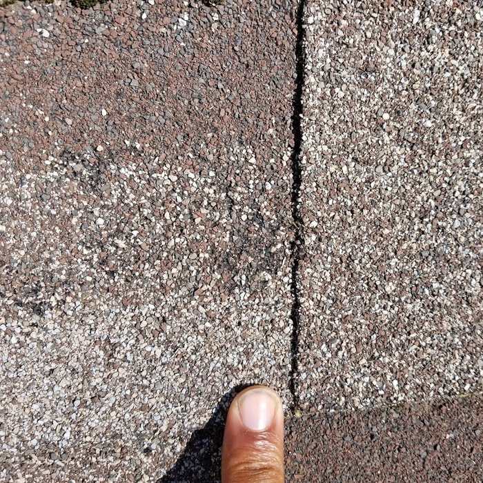 A shingle bruise pointed out during the Hugo storm inspection, one of the hits documented slope by slope